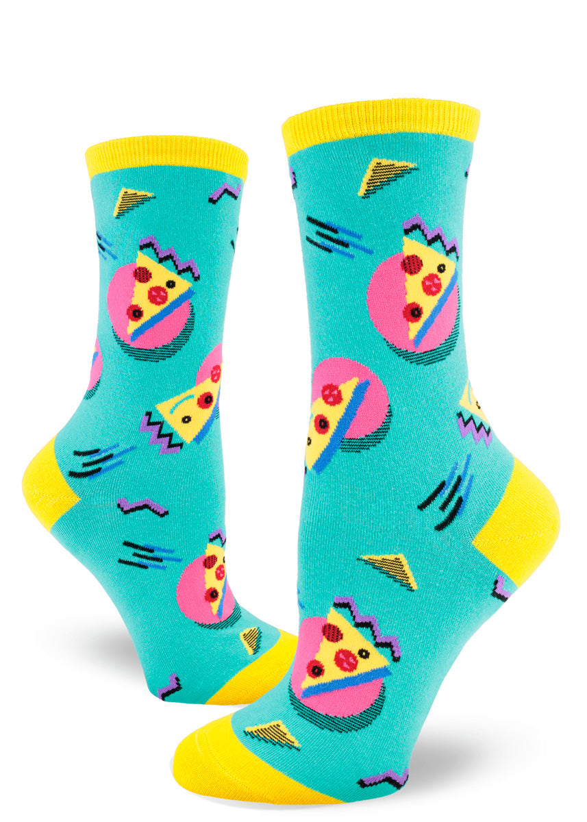 Teal crew socks for women featuring a colorful retro pattern of pepperoni pizza and geometric shapes.