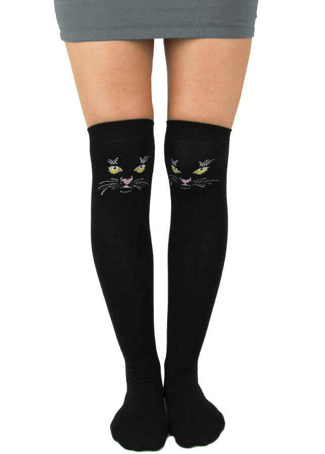 Black over-the-knee socks for women with a cat face design on the knee.
