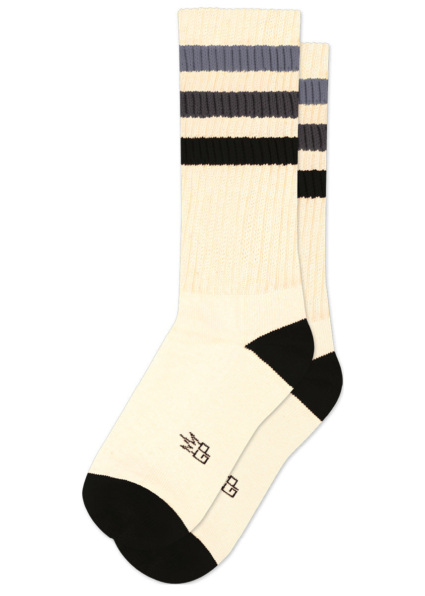 Off-white retro gym socks with black gradient stripes on the cuff. 