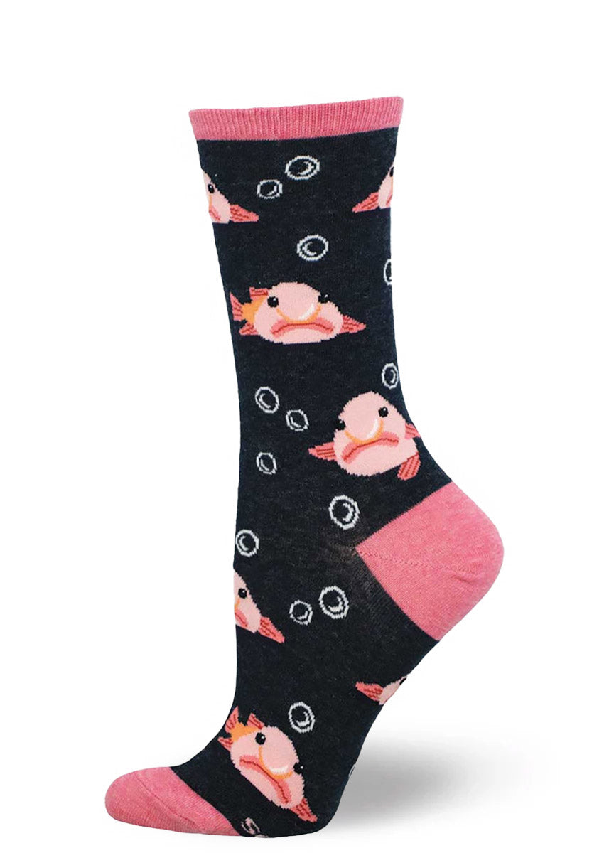 Charcoal gray crew socks for women with an allover pattern of pink blobfish and bubbles.