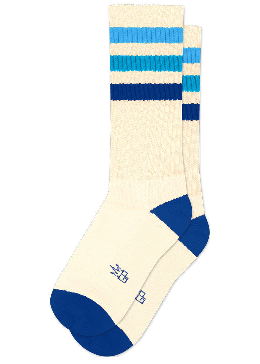 Off-white retro gym socks with blue gradient stripes on the cuff. 