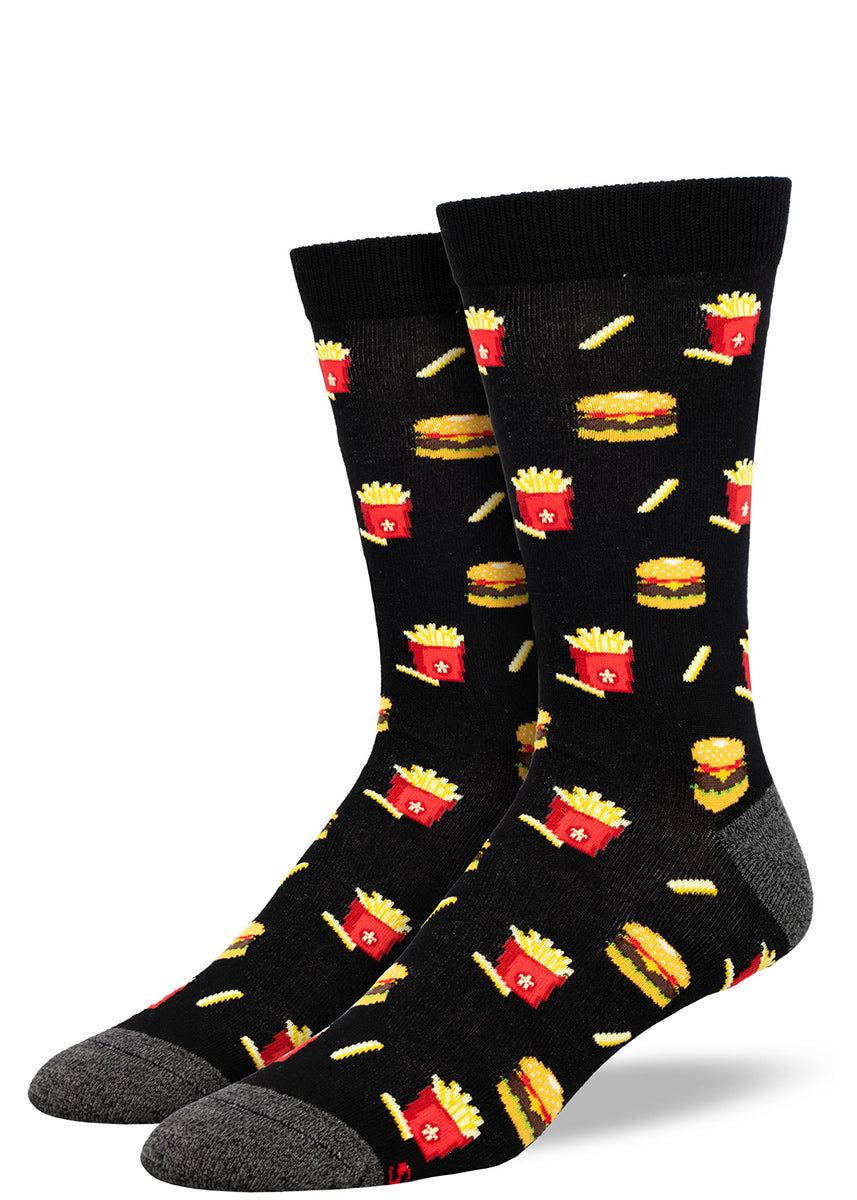 Black bamboo crew socks for men with a repeating pattern of cheeseburgers and fries.