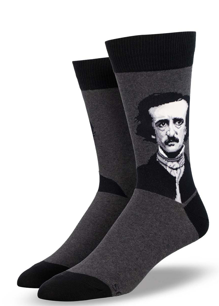 Dark gray crew socks for men with a grayscale portrait of Edgar Allan Poe.