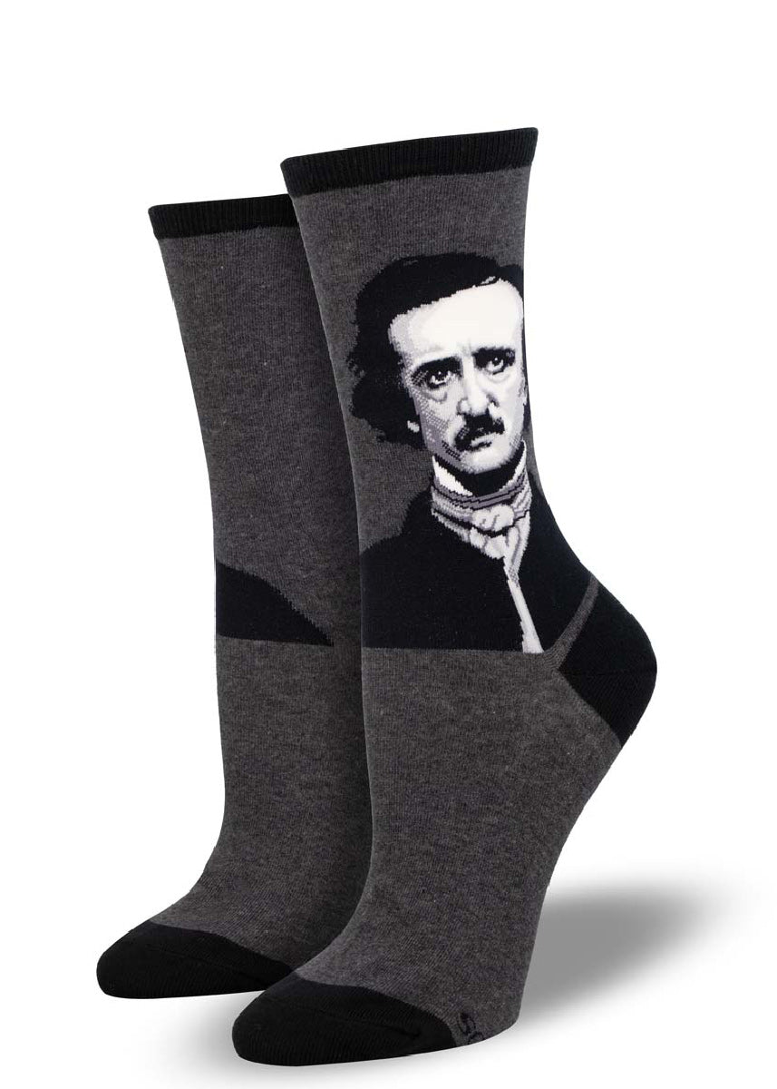 Dark gray crew socks for women with a grayscale portrait of Edgar Allan Poe.