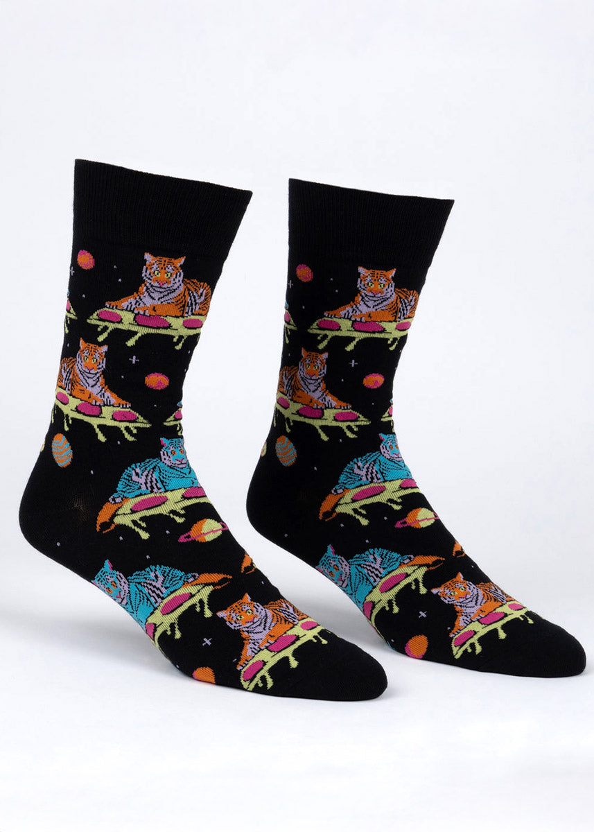 Black novelty crew socks for men with an allover pattern of colorful tigers resting on slices of pizza against a galaxy background.