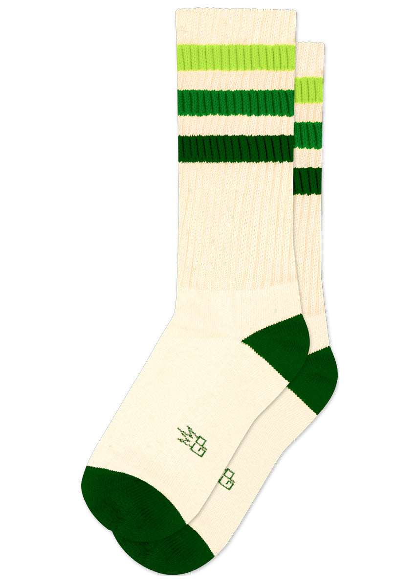 Off-white retro gym socks with green gradient stripes on the cuff. 