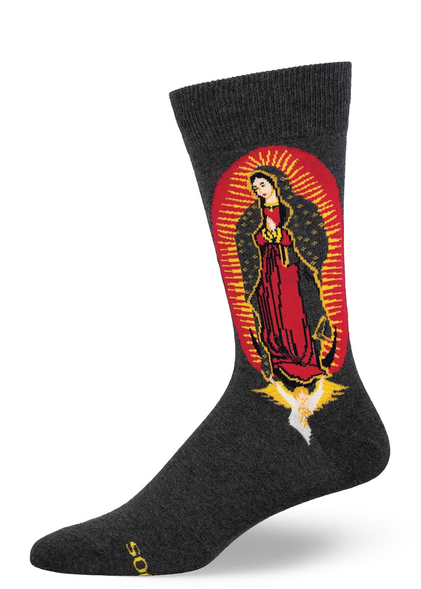 Dark gray socks for men feature a design of Our Lady of Guadalupe.