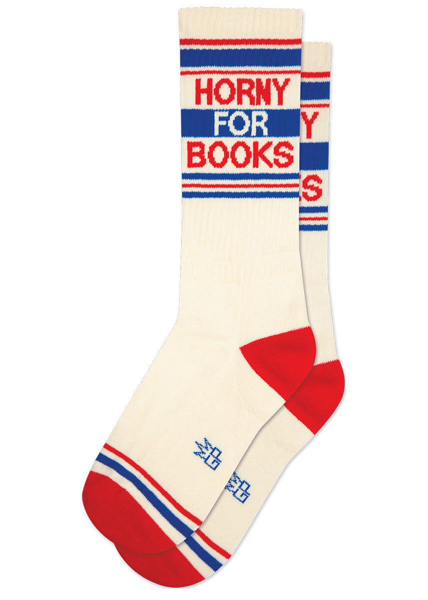 Cream retro gym socks with blue and red stripes and the phrase “HORNY FOR BOOKS&quot; on the leg.