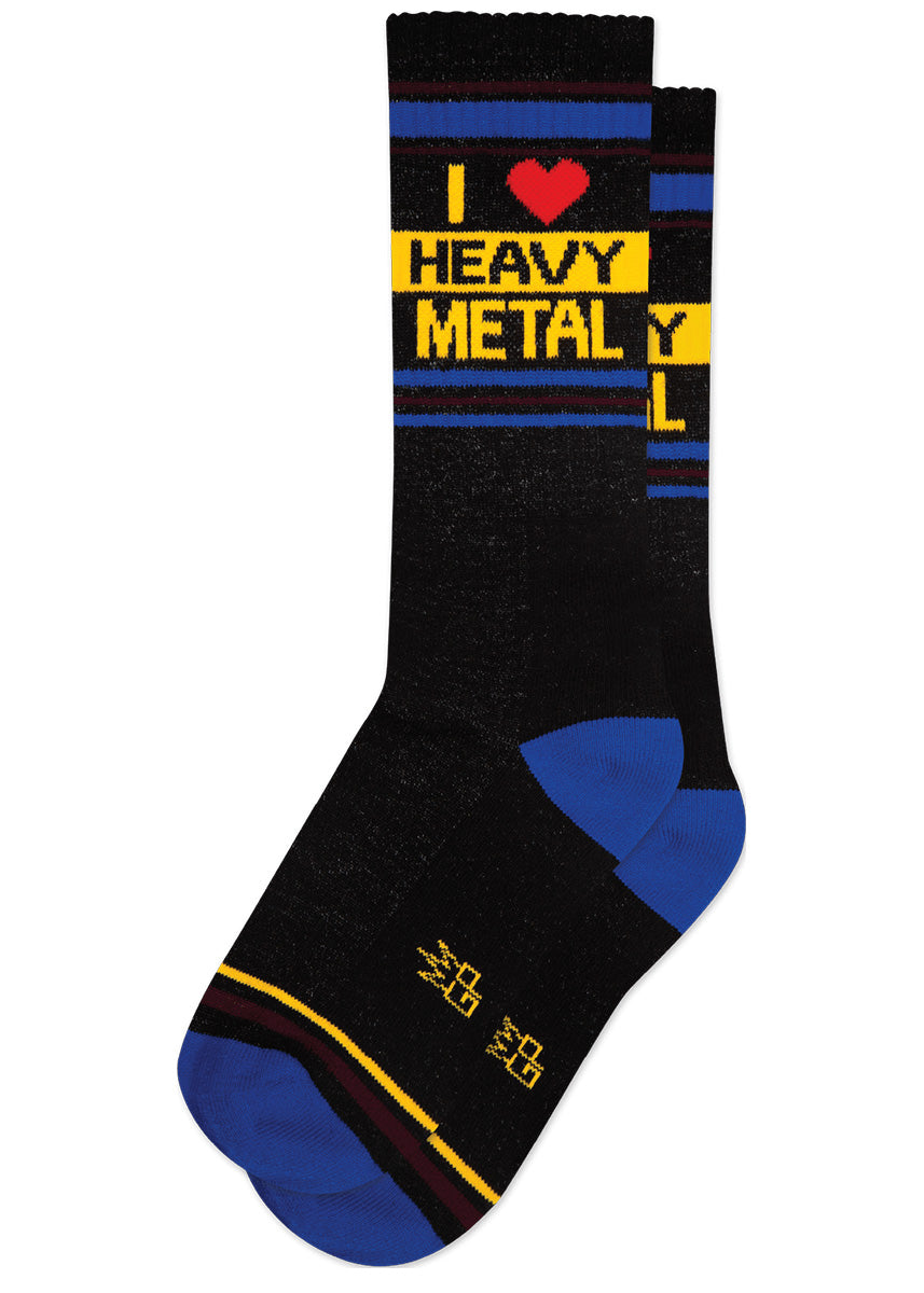 Black retro gym socks with blue and yellow stripes and the phrase “I ❤️ HEAVY METAL."