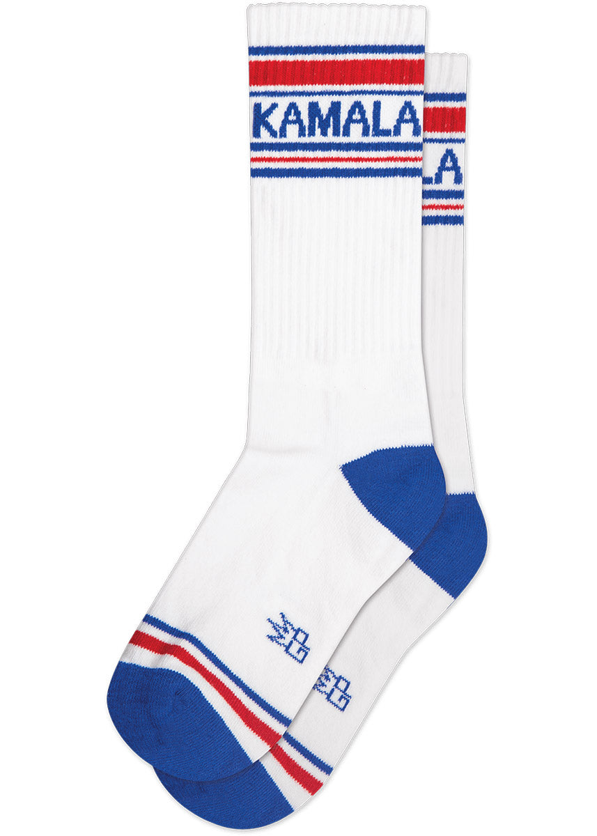 White retro gym socks with blue and red stripes and the phrase "KAMALA" on the leg.