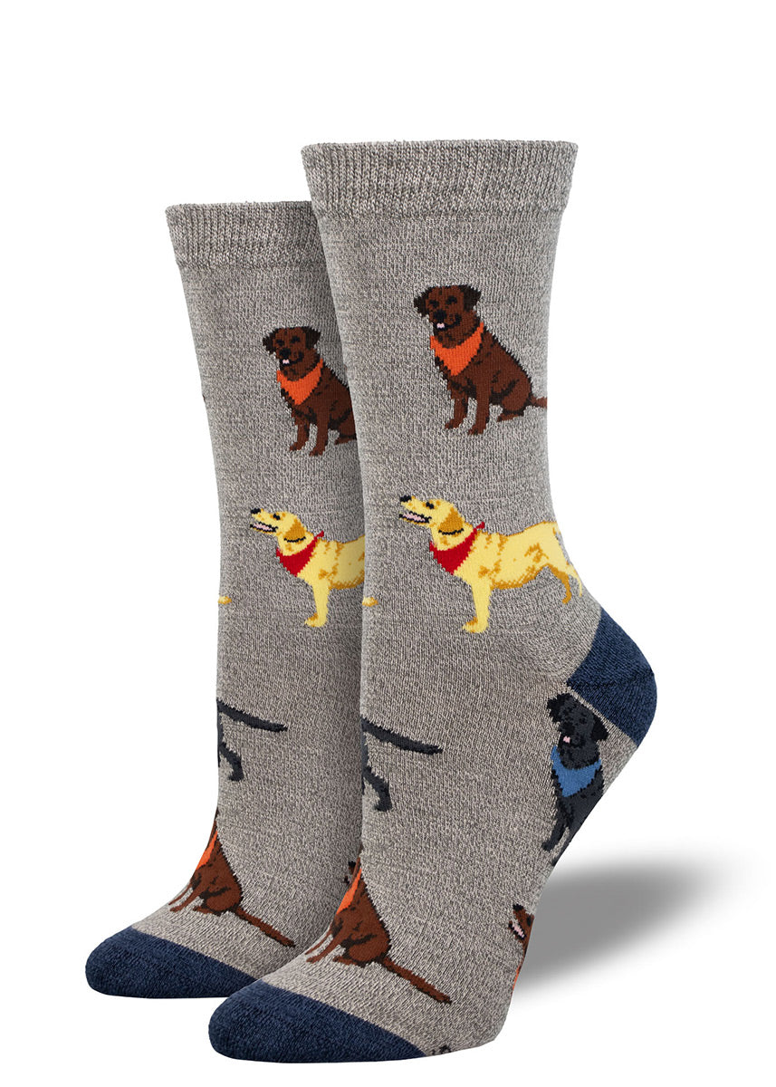 Gray bamboo crew socks for women with an allover pattern of chocolate labs, yellow labs, and black labs wearing different colored bandanas.