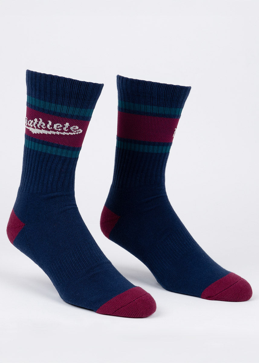 Navy blue athletic ribbed socks for men with the word "Mathlete" in white lettering against a deep red and teal striped cuff.