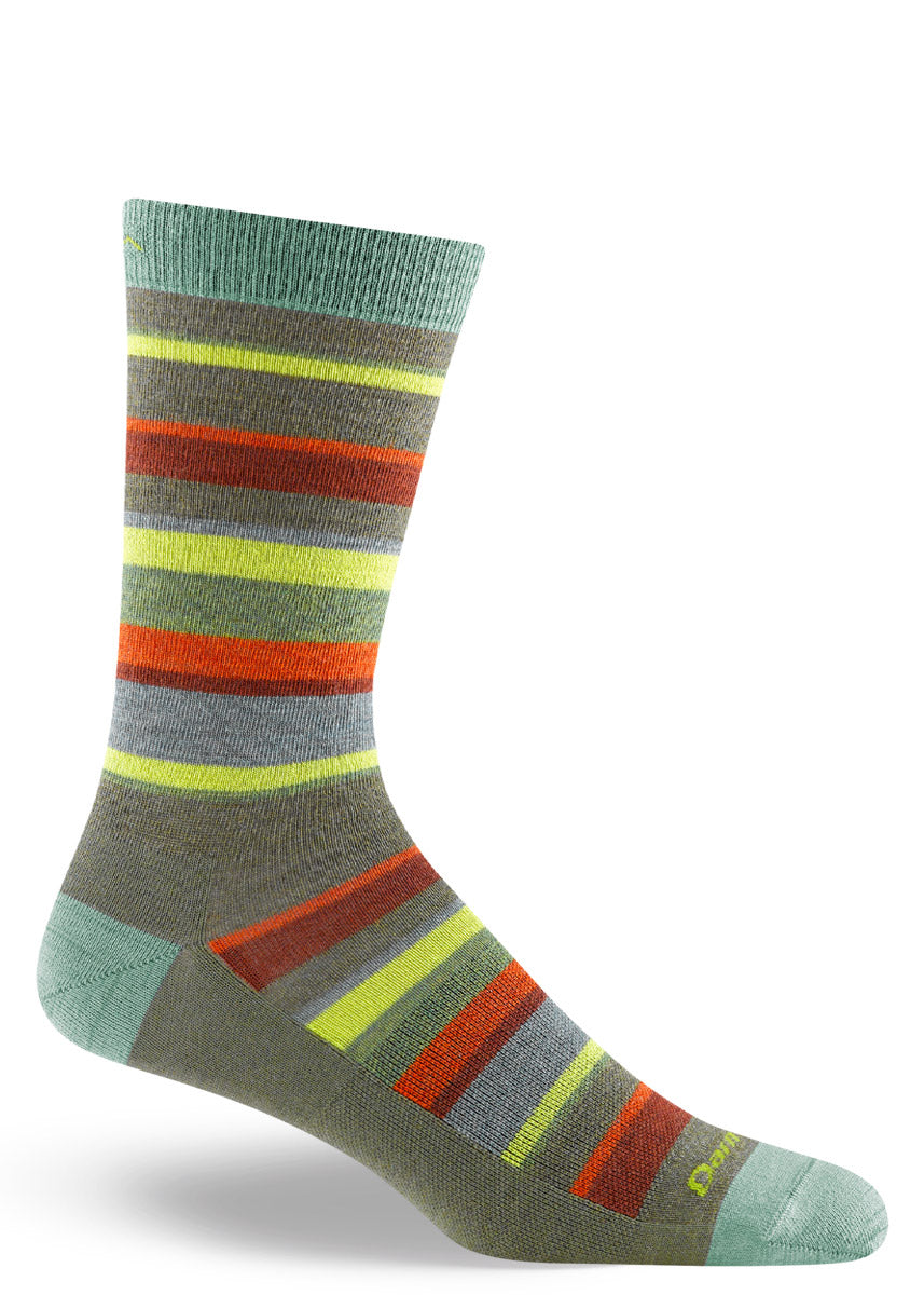 Colorful striped wool socks for men with a mix of green, rust and orange.