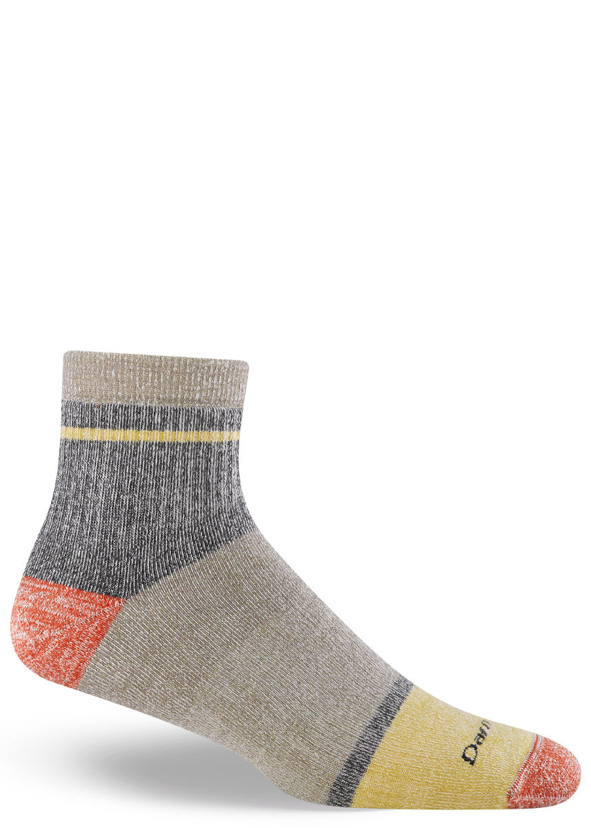 Merino wool lounge ankle socks for men with gray, yellow, and red accents.