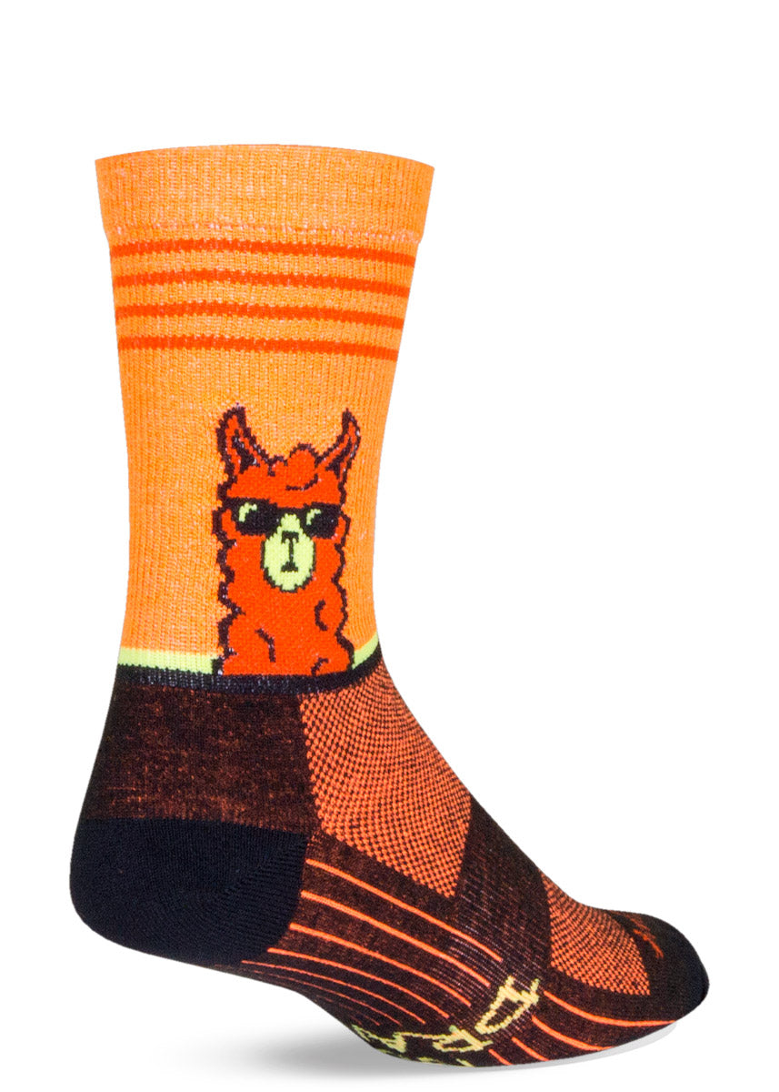 Orange striped athletic crew socks that show an orange llama wearing sunglasses.