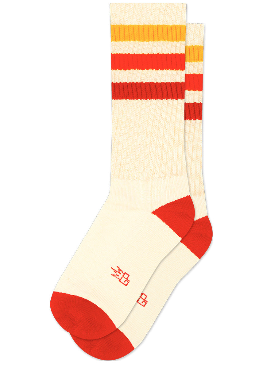 Off-white retro gym socks with orange gradient stripes on the cuff. 