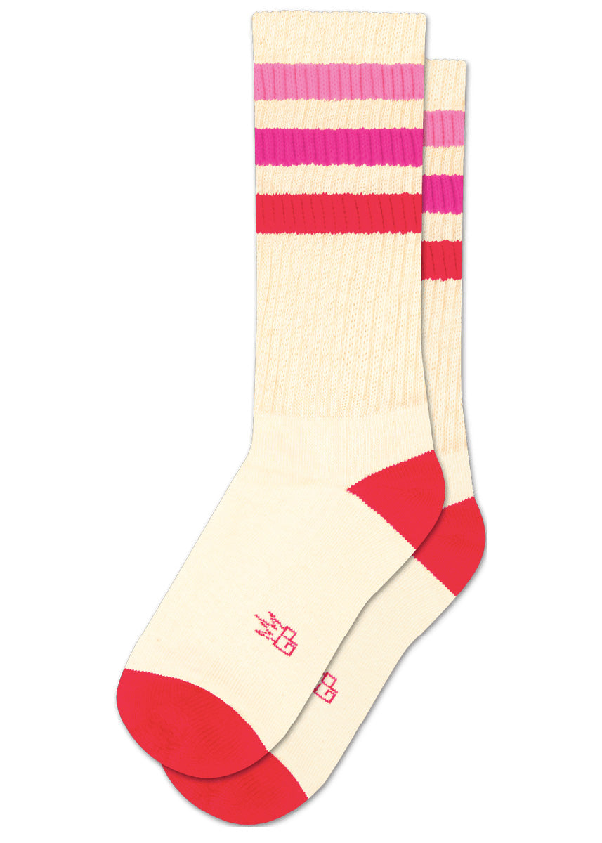 Off-white retro gym socks with pink gradient stripes on the cuff. 