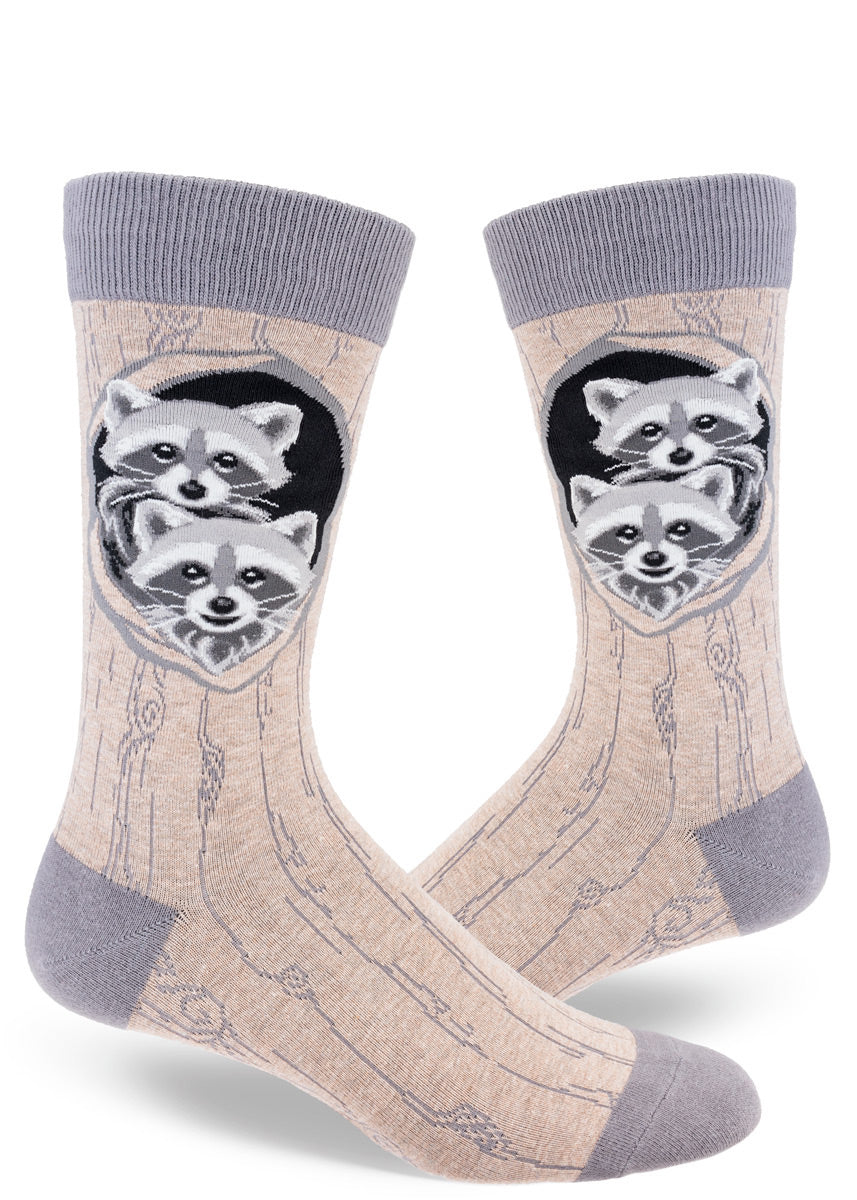 Raccoon crew socks for men with raccoons in tree dens, formed by the tree bark pattern socks. 