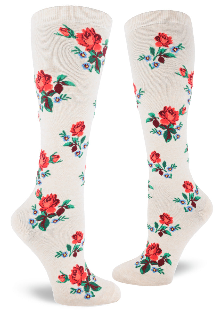 Cotton flowery printed navy socks