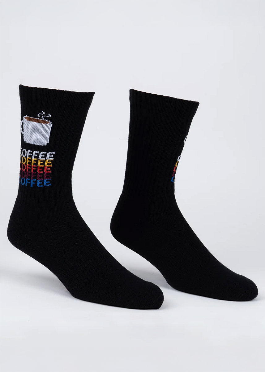 Black ribbed gym socks with a steamy coffee cup and the word &quot;COFFEE&quot; repeated in various colors.