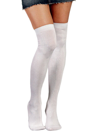 A female model poses wearing solid white over-the-knee socks.