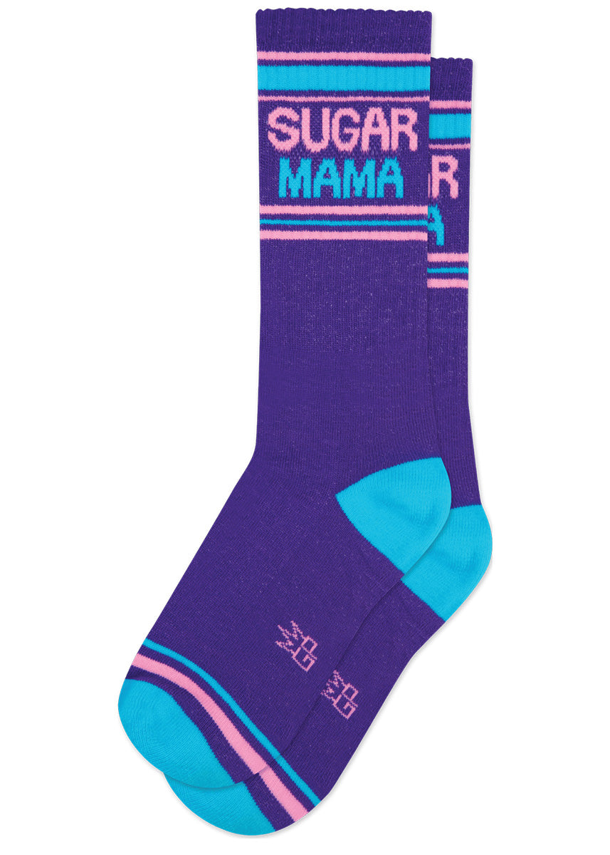 Purple retro gym socks with pink and blue stripes and the phrase “SUGAR MAMA.&quot;