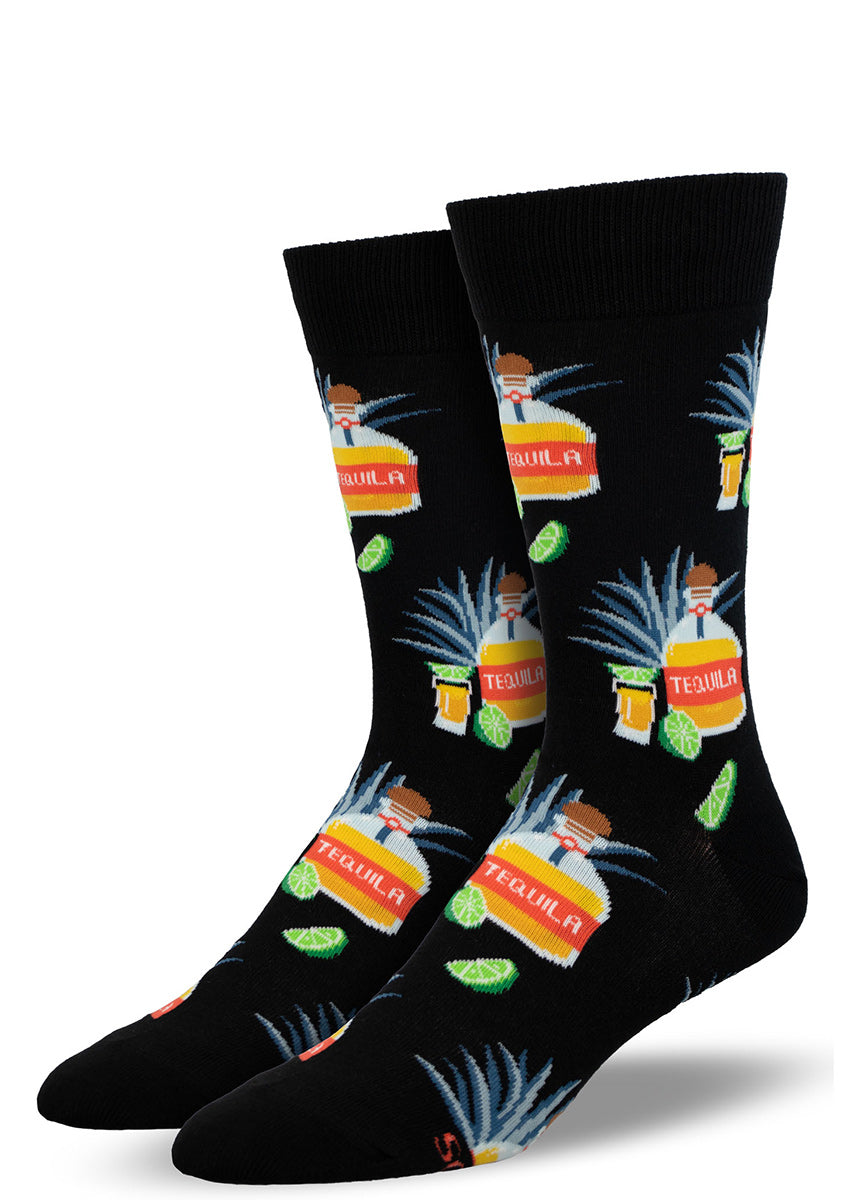  Black crew socks for men with an allover pattern of bottles of tequila, shots, limes, and the blue agave plant.