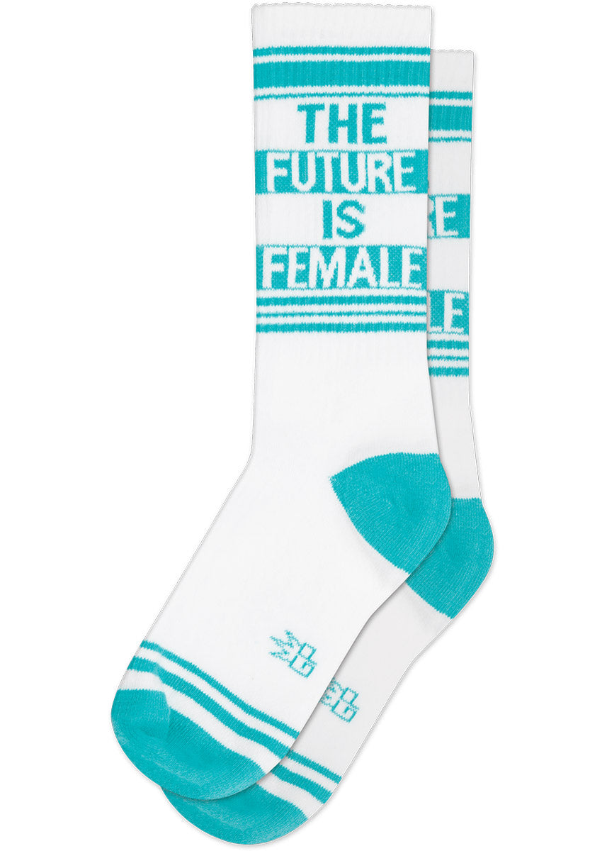 White retro gym socks with blue stripes and the phrase &quot;THE FUTURE IS FEMALE&quot; on the leg.