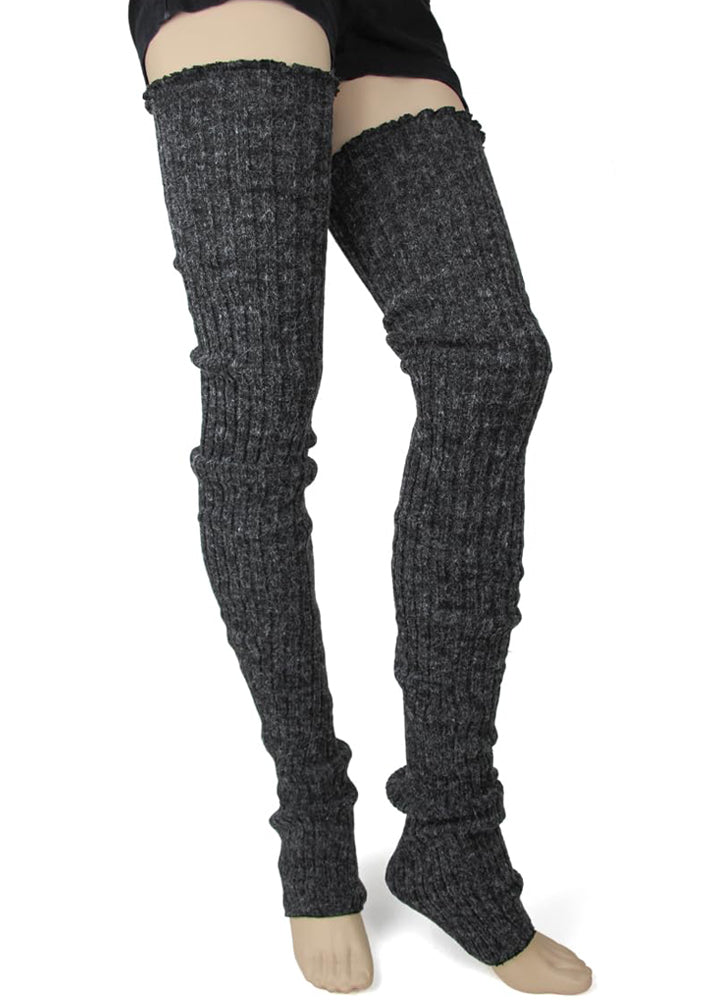 Charcoal gray thigh-high ribbed leg warmers for women.