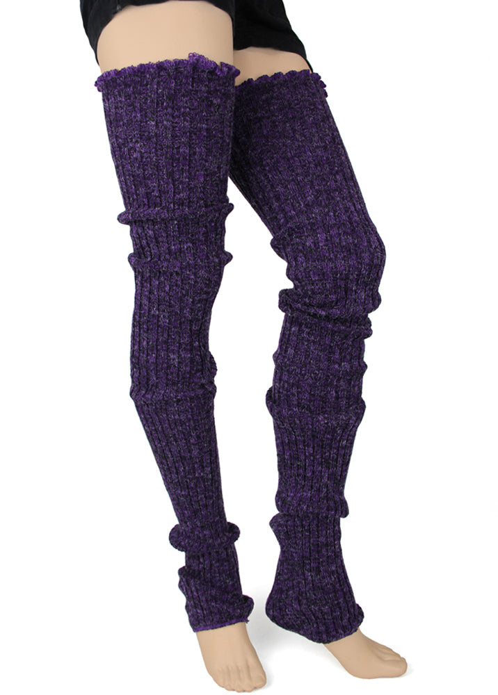 Charcoal gray thigh-high ribbed leg warmers for women.