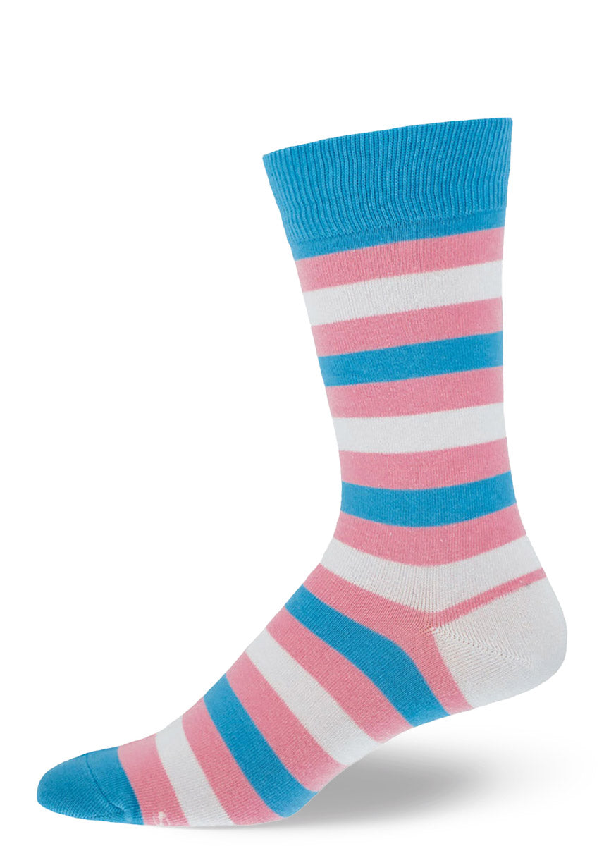 Large striped socks in the transgender pride flag color scheme of pink, blue, and white. 