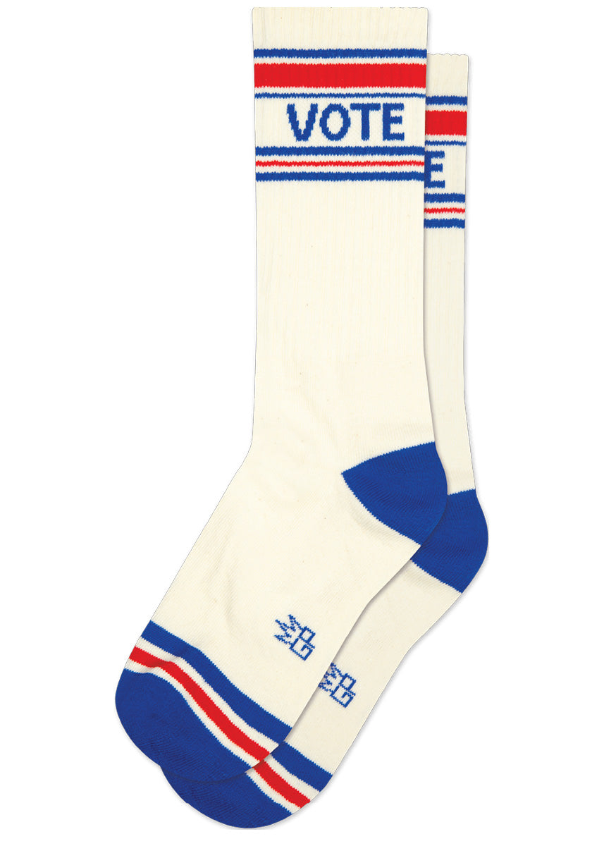 White retro gym socks with blue and red stripes and the word "VOTE" on the leg.