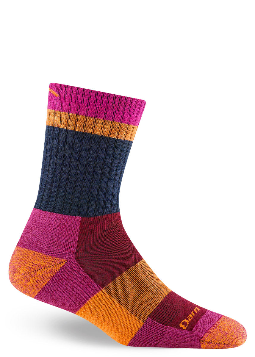 Wool hiking socks for women color-blocked in magenta, orange, navy and burgundy.