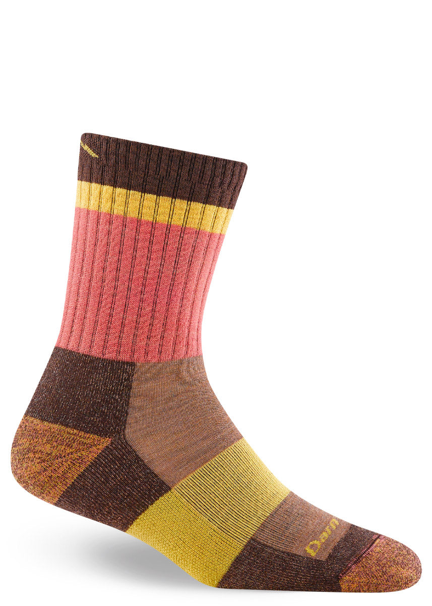 Wool hiking socks for women color-blocked in brown, light brown, yellow and pink.