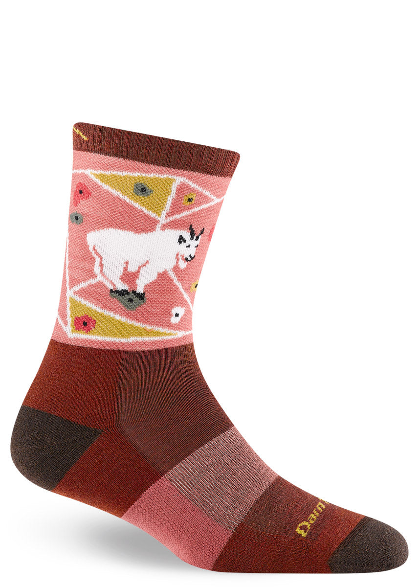 Pink, burgundy and brown striped wool hiking socks for women featuring a mountain goat using an indoor climbing wall.