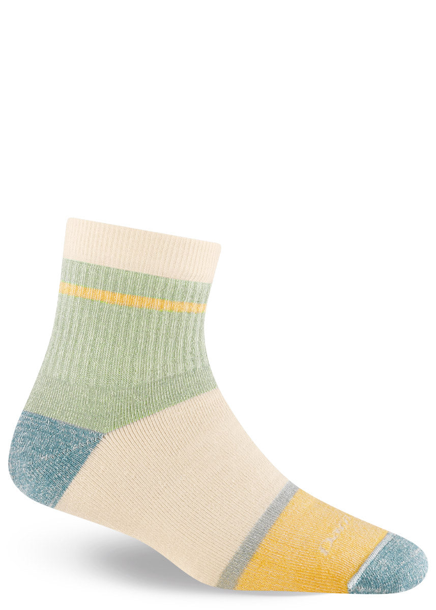 Merino wool lounge ankle socks for women with beige, light green, yellow, and teal accents.