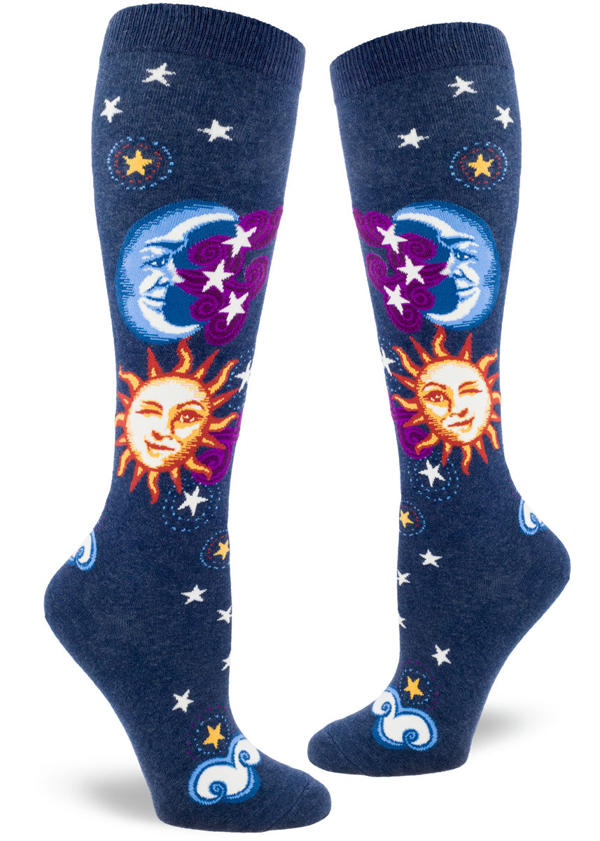 Celestial Sun And Moon Knee Socks Mystical Night Sky Knee Highs Cute But Crazy Socks