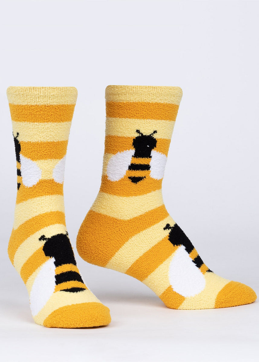 Cozy Bee Slipper Socks  Fuzzy Striped Grip Socks - Cute But Crazy