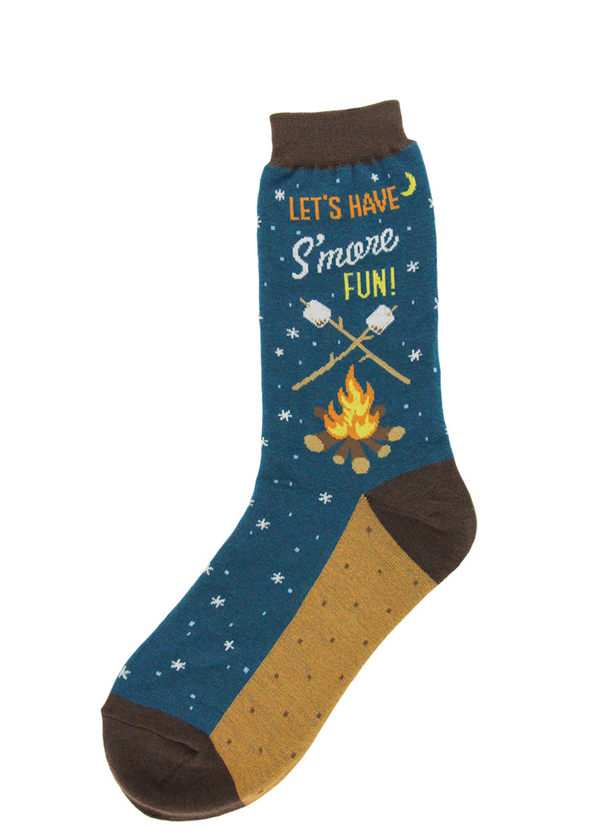 Camping socks for women show marshmallows roasting over a campfire under a starry sky with the words, &quot;Let&#39;s have S&#39;more fun!&quot;